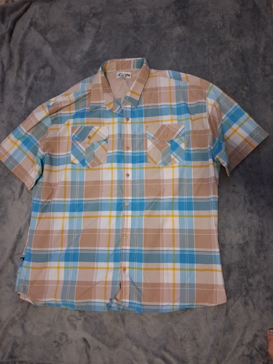 Ablanche Other - Ablanche Casual Short Sleeve Plaid Button-Down Shirt Blue & Tan